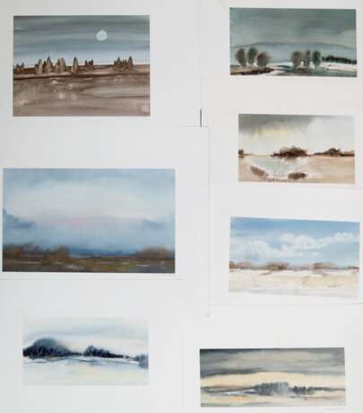 Maler 20. Jh. 10 Aquarelle mit verschiedenen Landschaftsdarstellungen, jeweils mit Bleistift undeutl. sign. und dat. 1982-1984, 18x30 cm bis 27x40 cm, jeweils im Passepartout, ungerahmt - photo 1