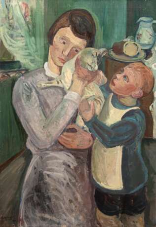 Glowinski Taubert, Luise (1906 Zehlendorf-1988 Husum) "Mutter und Kind mit Katze", Öl/ Lw., sign. u.l. und dat. 1934, 103x70,5 cm, ungerahmt (L. Glowinski-Taubert versuchte, nach dem Vorbild des Kubismus, beson… - Foto 1