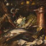 Wolf, Joseph (1820 Mörz-1899 London) "Stilleben mit Fischen, Gemüse und Kupferkanne", Öl/Lw., sign. und dat. "München '86" u.r., 70x94 cm, Rahmen (Joseph Wolf wird häufig als bedeutendster Tiermaler d… - photo 1
