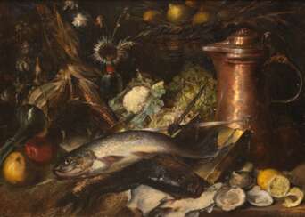 Wolf, Joseph (1820 Mörz-1899 London) &quot;Stilleben mit Fischen, Gemüse und Kupferkanne&quot;, Öl/Lw., sign. und dat. &quot;München '86&quot; u.r., 70x94 cm, Rahmen (Joseph Wolf wird häufig als bedeutendster Tiermaler d…