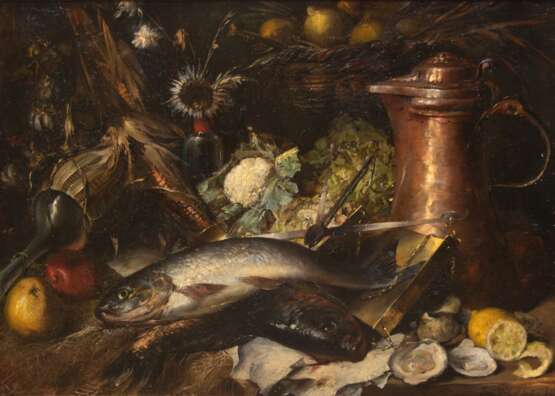 Wolf, Joseph (1820 Mörz-1899 London) "Stilleben mit Fischen, Gemüse und Kupferkanne", Öl/Lw., sign. und dat. "München '86" u.r., 70x94 cm, Rahmen (Joseph Wolf wird häufig als bedeutendster Tiermaler d… - photo 1