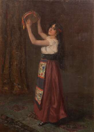 Schmidt, Alfred (1867 Dresden-1956 Stuttgart) "Tarantella-Tänzerin mit Tamburin", Öl/ Lw., sign. o.r. mit Ortsangabe "München", 58x41 cm, ungerahmt - Foto 1