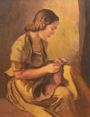 "Junge Frau bei der Handarbeit", Öl/ Lw., sign. u.r. "Happ. H. cop.", 80x60 cm, Rahmen - Foto 1