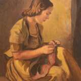 "Junge Frau bei der Handarbeit", Öl/ Lw., sign. u.r. "Happ. H. cop.", 80x60 cm, Rahmen - Foto 1