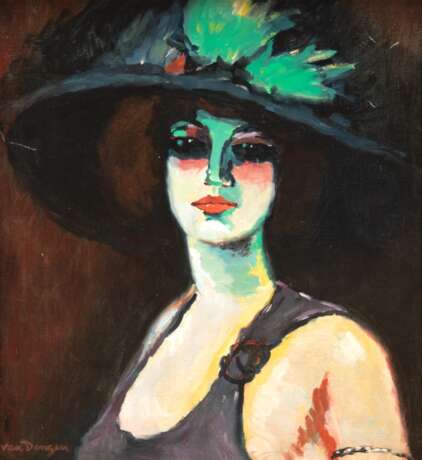 "Dame mit Blumenhut" nach van Dongen, Öl/ Lw./ Pappe, u.l. bez., 54x45,5 cm, Rahmen - photo 1