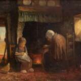 Brouwer, Joh. (Maler 19. Jh.) "Interieur mit Großmutter und Kind an der Feuerstelle", Öl/ Holz, sign. u.l., 18x27 cm, Rahmen - photo 1