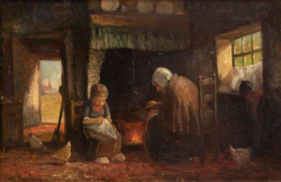 Brouwer, Joh. (Maler 19. Jh.) "Interieur mit Großmutter und Kind an der Feuerstelle", Öl/ Holz, sign. u.l., 18x27 cm, Rahmen - photo 1