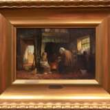 Brouwer, Joh. (Maler 19. Jh.) "Interieur mit Großmutter und Kind an der Feuerstelle", Öl/ Holz, sign. u.l., 18x27 cm, Rahmen - photo 2