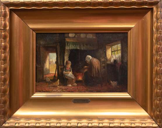 Brouwer, Joh. (Maler 19. Jh.) "Interieur mit Großmutter und Kind an der Feuerstelle", Öl/ Holz, sign. u.l., 18x27 cm, Rahmen - photo 2