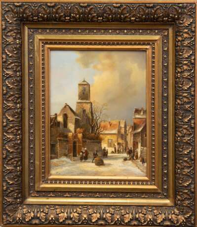 Niederländischer Maler 19. Jh. "Verschneite Straßenszene mit Gebäuden, Kirche und Personen", Öl/ Holzpaneel, monogr. "HK" u.l., dat. ´95, 25x19 cm, Rahmen - photo 1