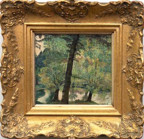 Landschaftsmaler um 1900 "Waldstück mit See", Öl/Platte, unsign., 20x21 cm, Rahmen - photo 1