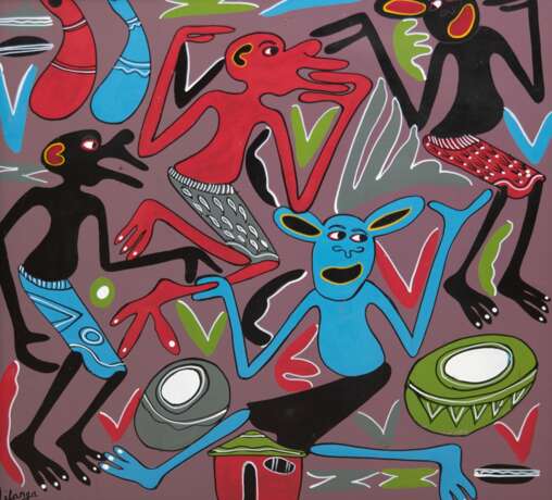 Lilanga, George (1934-2005 Tansania) "Ohne Titel", Lackfarbe/ Faserplatte, sign. u,l., rückseitig bez. und dat. 1999, 60x60 cm, Rahmen Prov.: aus einer norddeutschen Sammlung (George Lilanga di Nyama war ein Bi… - Foto 1