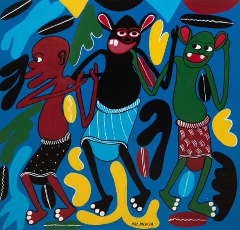 Mchisa Mr. (1972-2009 Tansania) "Komposition mit Figuren", Lackfarbe/ Hartfaser, sign. u.r., 61x61 cm, Rahmen - Foto 1