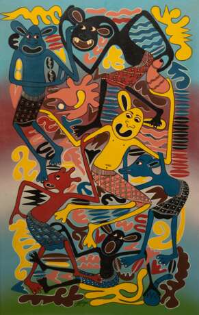 Lilanga, George (1934-2005 Tansania) "Ohne Titel", Lackfarbe/ Faserplatte, sign. unten mittig, 117x69 cm, Rahmen, Prov.: aus einer norddeutschen Sammlung (George Lilanga di Nyama war ein Bildhauer und Maler vom… - Foto 1