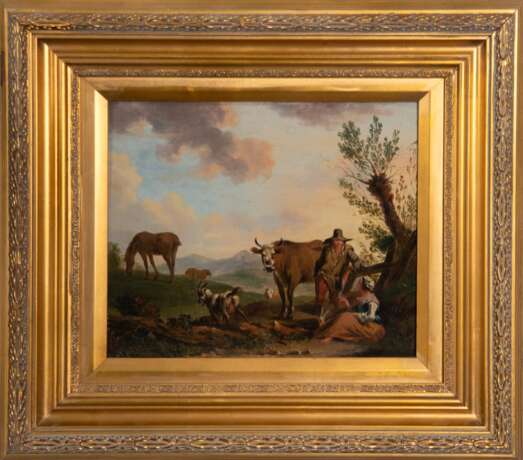 Künstler 18./ 19. Jh. "Rastende Hirten mit Kühen, Schafen und Ziegen in sommerlicher Landschaft", Öl/ Holz, unsign., 26x32 cm, Rahmen - photo 1