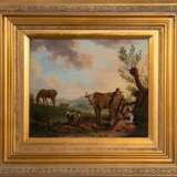 Künstler 18./ 19. Jh. "Rastende Hirten mit Kühen, Schafen und Ziegen in sommerlicher Landschaft", Öl/ Holz, unsign., 26x32 cm, Rahmen - photo 1