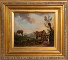 Künstler 18./ 19. Jh. &quot;Rastende Hirten mit Kühen, Schafen und Ziegen in sommerlicher Landschaft&quot;, Öl/ Holz, unsign., 26x32 cm, Rahmen