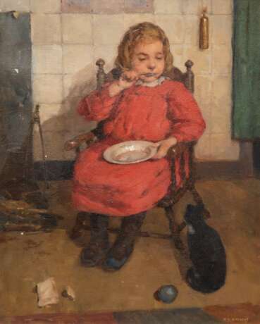 Addicks, Johannes Christiaan (1871-1962) "Kleines Mädchen beim Füttern der Katze", Öl/ Lw., sign. u.r., kl. weiße Farbflecke, 45,5x35 cm, Rahmen - photo 1
