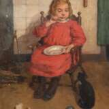 Addicks, Johannes Christiaan (1871-1962) "Kleines Mädchen beim Füttern der Katze", Öl/ Lw., sign. u.r., kl. weiße Farbflecke, 45,5x35 cm, Rahmen - photo 1