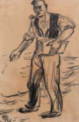 Tschirch, Egon (1889 Rostock-1948 Rostock) &quot;Pfeife rauchender Bauer bei der Aussaat&quot;, Kohlezeichnung, monogr. und dat. 1929 u.l., 16,5x11 cm, hinter Glas und Rahmen (eigenes Atelier in Rostock, Studienreisen na…