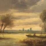 Schouten, Paul (1860-1922, Belgischer Landschaftsmaler) "Flußlandschaft mit Fischerboot", Öl/Holz, sign. u.l., 27x44 cm, Prunkrahmen - photo 1