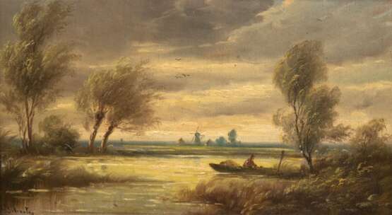 Schouten, Paul (1860-1922, Belgischer Landschaftsmaler) "Flußlandschaft mit Fischerboot", Öl/Holz, sign. u.l., 27x44 cm, Prunkrahmen - photo 1