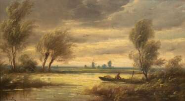 Schouten, Paul (1860-1922, Belgischer Landschaftsmaler) &quot;Flußlandschaft mit Fischerboot&quot;, Öl/Holz, sign. u.l., 27x44 cm, Prunkrahmen