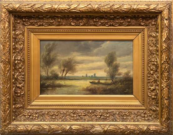 Schouten, Paul (1860-1922, Belgischer Landschaftsmaler) "Flußlandschaft mit Fischerboot", Öl/Holz, sign. u.l., 27x44 cm, Prunkrahmen - photo 2