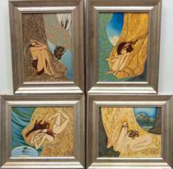4x Russischer Maler 20. Jh. &quot;Weibliche Akte in Landschaft&quot;, monogr., je 35x27 cm, Rahmen