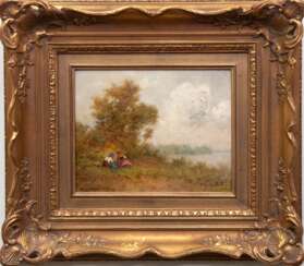 Schilhabel, Josef Helmuth (1896 Burgstadt bei Posen-1970 Hamburg) &quot;Zwei Frauen an einem See in sommerlicher Landschaft&quot;, Öl/ Platte, sign. u.r., 24x30 cm, Rahmen (Schilhabel war ein deutscher Maler des Spätimpr…