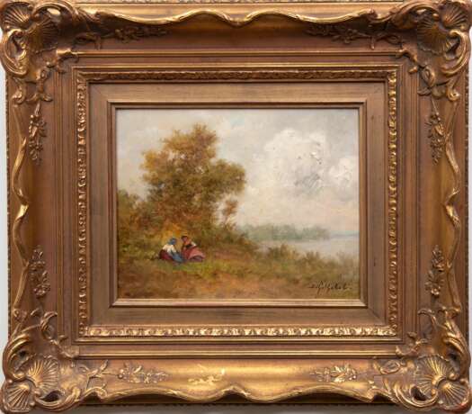 Schilhabel, Josef Helmuth (1896 Burgstadt bei Posen-1970 Hamburg) "Zwei Frauen an einem See in sommerlicher Landschaft", Öl/ Platte, sign. u.r., 24x30 cm, Rahmen (Schilhabel war ein deutscher Maler des Spätimpr… - Foto 1