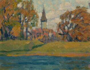 Hellingrath, Berthold (1877Elbing, Westpreußen-1954 Hannover) &quot;Blick auf Weichselmünde&quot;, Öl/ Hartfaser, unsign., rückseitig bez., 20x25,5 cm, Rahmen