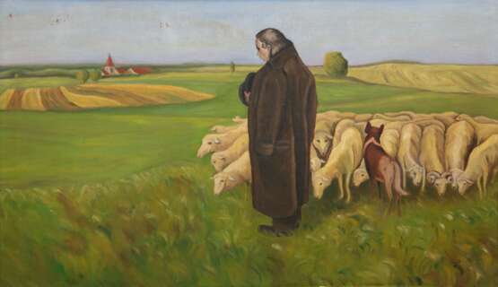 "Schäfer mit seiner Herde", Öl/Hartfaser, unsign., kleine Farbabplatzungen, 53x90 cm, Rahmen - photo 1