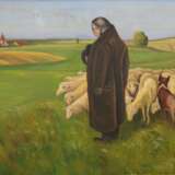 "Schäfer mit seiner Herde", Öl/Hartfaser, unsign., kleine Farbabplatzungen, 53x90 cm, Rahmen - photo 1