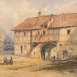 "Bauernhaus mit Fachwerkelementen", Aquarell, undeutl. sign., 23x29 cm, im Passepartout hinter Glas und Rahmen - photo 1