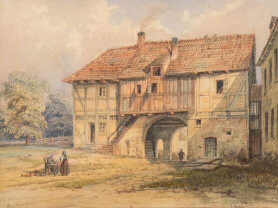 "Bauernhaus mit Fachwerkelementen", Aquarell, undeutl. sign., 23x29 cm, im Passepartout hinter Glas und Rahmen - photo 1