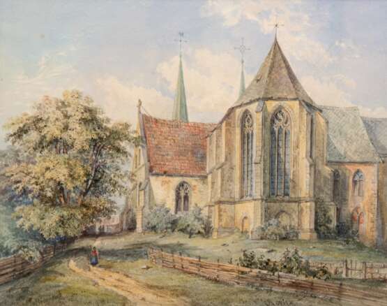"Klosteranlage mit Personen", Aquarell, undeutl. sign., 23x29 cm, im Passepartout hinter Glas und Rahmen - photo 1