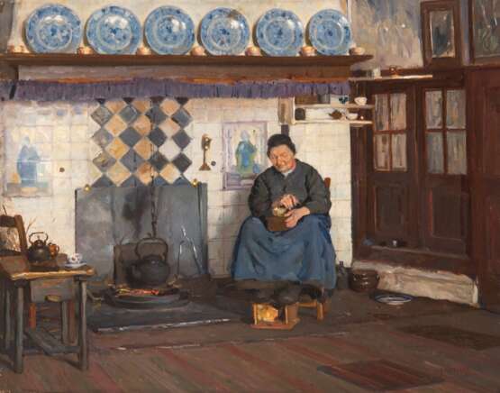 Addicks, Johannes Christiaan (1871-1962) "Bäuerin in Bauernküche sich ihre Füße wärmend", Öl/ Lw., sign. u.r., 48x59 cm, ungerahmt - Foto 1