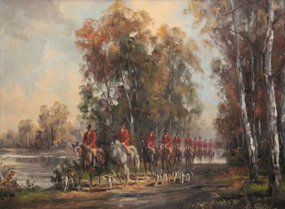 Krauel, Bruno (1907 Berlin-1999 Bad Harzburg) "Parforcejagd", Öl/ Lw., sign. u.l., 30x40 cm, Rahmen - Foto 1