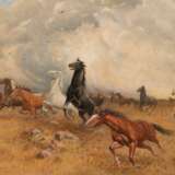 Römer, W. (Tiermaler um 1900) "Gewitterstimmung mit Wildpferden auf der Flucht", Öl/Lw., sign. und dat. 1923 u.r., 72x102 cm, Rahmen, Druckstellen - photo 1