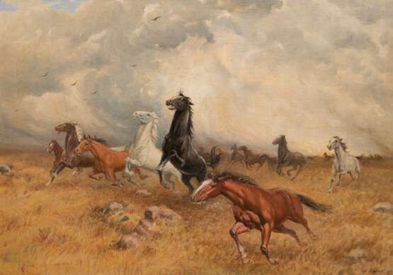 Römer, W. (Tiermaler um 1900) "Gewitterstimmung mit Wildpferden auf der Flucht", Öl/Lw., sign. und dat. 1923 u.r., 72x102 cm, Rahmen, Druckstellen - photo 1