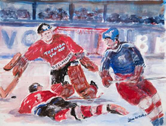 "Eishockey-Spieler", Öl/ Papier, undeutl. sign. u.r., 30x40 cm, im Passepartout hinter Glas und Rahmen - Foto 1