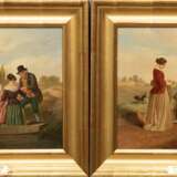Pendants "Pärchen mit Hund bei der Überfahrt" und "Figürliche Szene in Parklandschaft", Öl/ Platte, bez. "Johann Georg Haeselich, Hamburg 1806-1894", je 26,5x30,5 cm, Rahmen - Foto 1