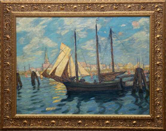 Norddeutscher Impressionist um 1910 "Travemünde- Alter Hafen", Öl/Karton, rücks. bez. "W. Schodde-Travemünde", 61x81 cm, Rahmen - Foto 1