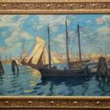 Norddeutscher Impressionist um 1910 "Travemünde- Alter Hafen", Öl/Karton, rücks. bez. "W. Schodde-Travemünde", 61x81 cm, Rahmen - Foto 1