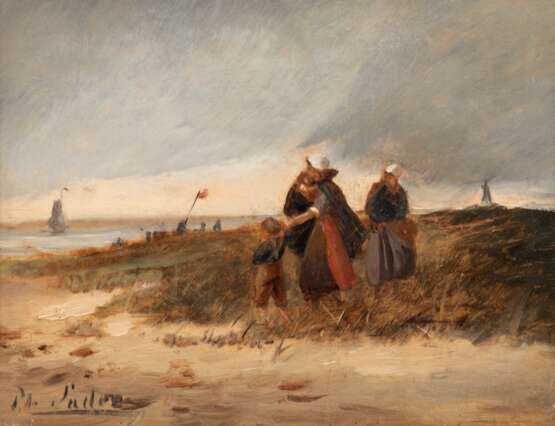 Sadée, Philip (1837 Den Haag-1904 ebenda) "Rückkehr der Fischerboote", Öl/ Holz, sign. u.l., 12,5x15,5 cm, Rahmen (Sadée war ein niederländischer Maler der Düsseldorfer und Haager Schule) - photo 1