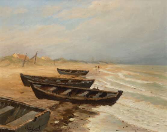 "Ostseestand mit anlandenden Booten", Öl/ Lw., undeutl. sign. u.l., 56x65 cm, Rahmen - photo 1