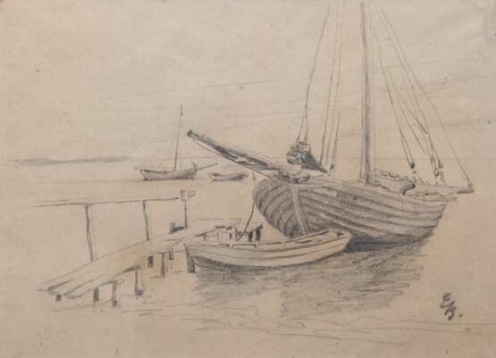 Büchsel, Elisabeth (1867-1957 Stralsund) "Fischerboote am Steg", Zeichnung, monogr. u.r., um 1930, veröffentlicht in verschiedenen Büchern, 28x37,5 cm, im Passepartout hinter Glas und Rahmen (Nach künstlerische… - photo 1