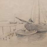Büchsel, Elisabeth (1867-1957 Stralsund) "Fischerboote am Steg", Zeichnung, monogr. u.r., um 1930, veröffentlicht in verschiedenen Büchern, 28x37,5 cm, im Passepartout hinter Glas und Rahmen (Nach künstlerische… - photo 1