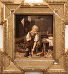 Kiesewetter, Wilhelm August (1811 Berlin-1865 Gotha) &quot;Junge mit Pfeife in der Werkstatt&quot;, Öl/ Lw., sign. u.l., 26,5x23 cm, Prunkrahmen (Er war ein deutscher Maler und Ethnograph. Kiesewetter unternahm zwei groß…